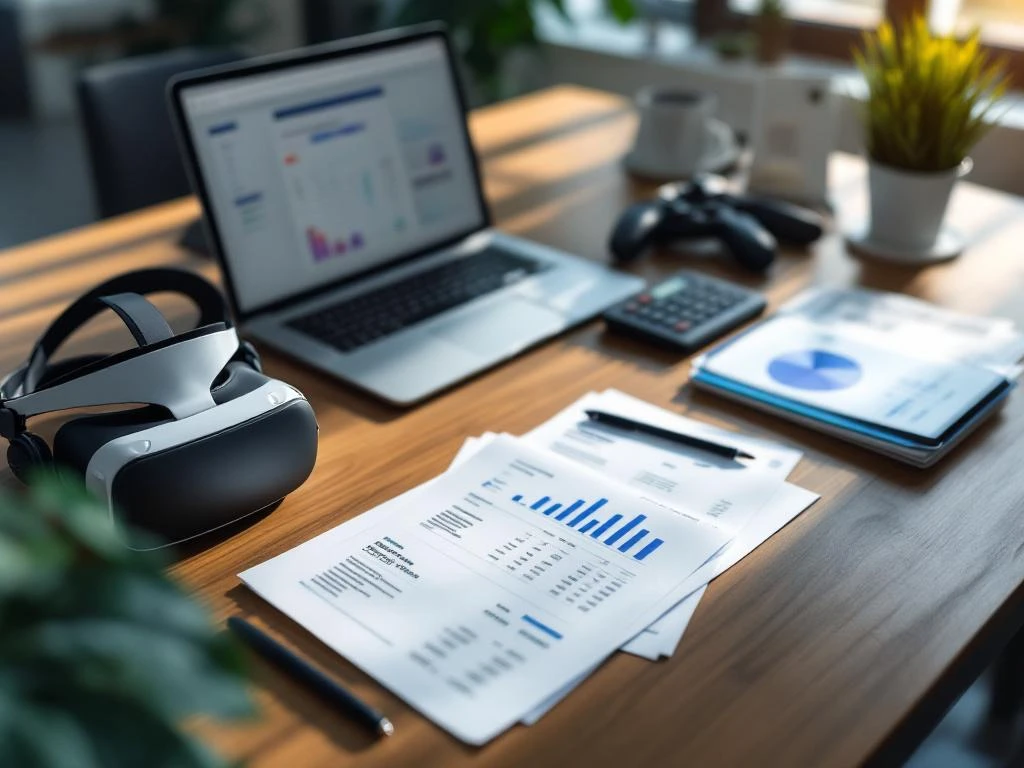 Bureau met VR-headsets, financiële documenten, laptop met spreadsheet en tablet voor zakelijke evenementenplanning