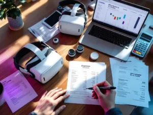 Meta Quest 3 VR-headsets met controllers op bureau met zakelijke onkostendocumentatie en facturen van VR op Locatie