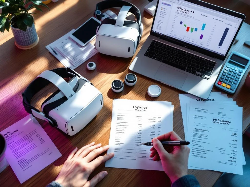 Meta Quest 3 VR-headsets met controllers op bureau met zakelijke onkostendocumentatie en facturen van VR op Locatie